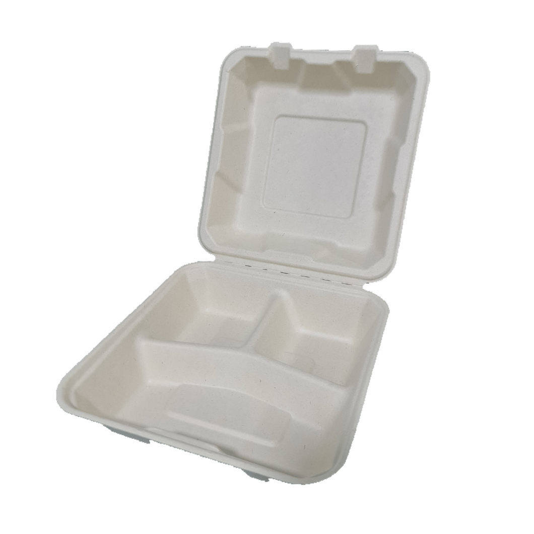 Sugarcane Clamshell Lunchbox - Medium - 3 Compartments (200pcs)